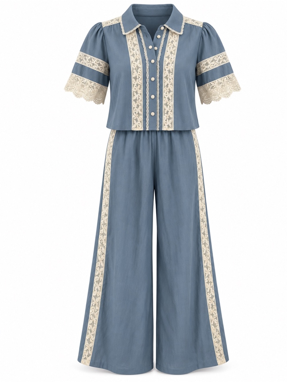 Caroline Constas Slate-Blue Two-Piece Set with Cream Lace Trim